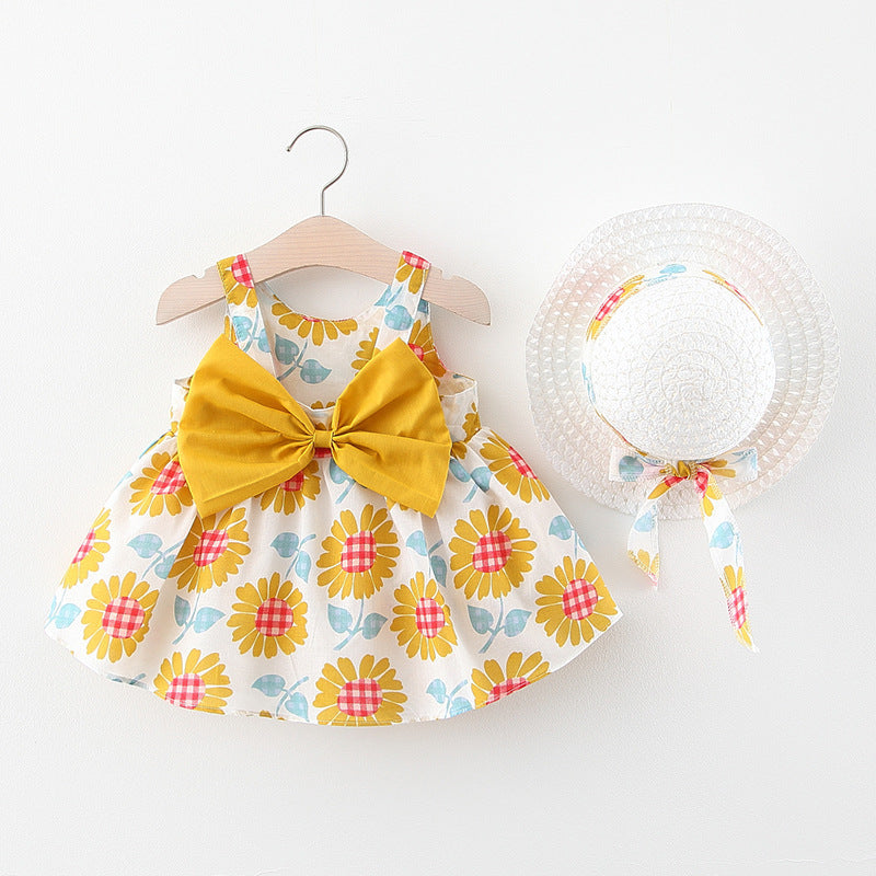 Korean Treasure Printed Baby Girl Sling Dress with Bowknot and Free Hat