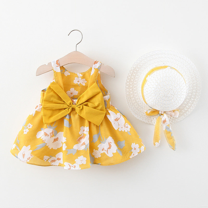 Korean Treasure Printed Baby Girl Sling Dress with Bowknot and Free Hat