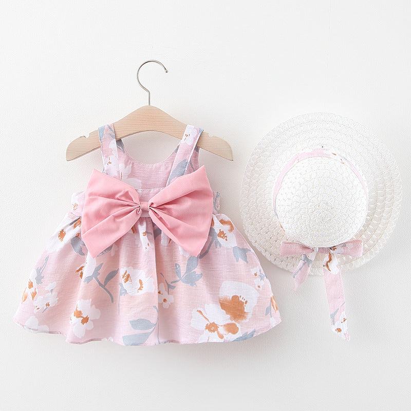 Korean Treasure Printed Baby Girl Sling Dress with Bowknot and Free Hat