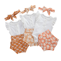 Baby Girl 3-piece Ribbed Flutter Sleeve Bodysuit Patterned Shorts and Headband Set - Babbez