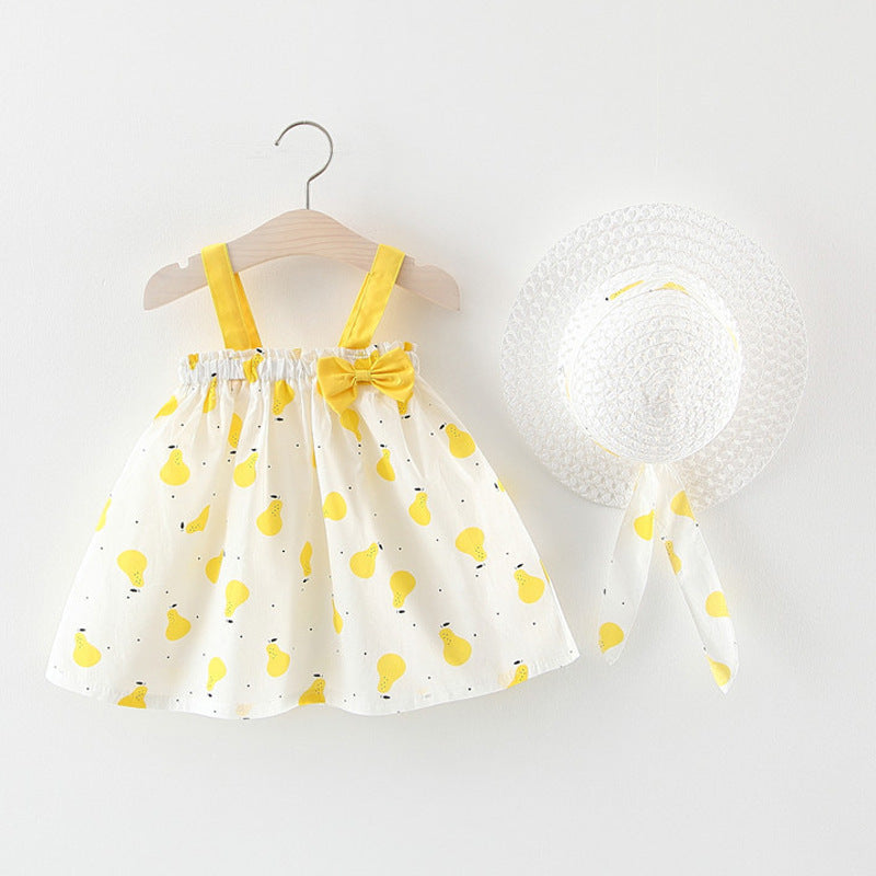 Stylish and Cute Girls' Summer Dress with Korean Print and Straw Hat - Perfect for Sunny Days