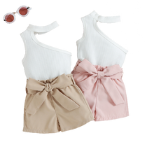 Baby Sleeveless Slanted Shoulder Bow Shorts Girls Suit - Babbez