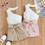 Sleeveless Slanted Shoulder Bow Shorts Girls Suit - Babbez