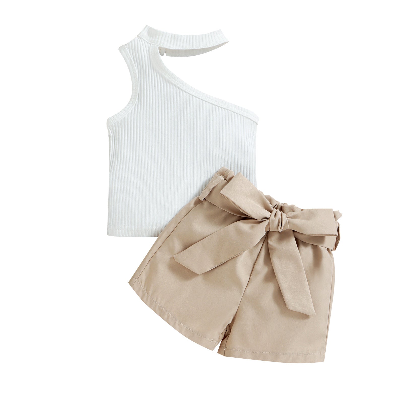 Sleeveless Slanted Shoulder Bow Shorts Girls Suit - BabbeZz