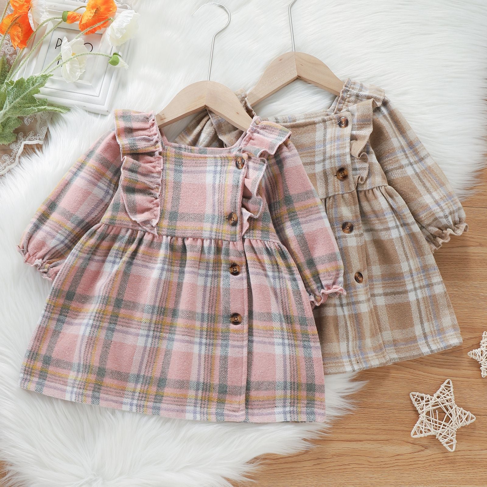 Trendy Plaid Ruffled Long Sleeved Girls Autumn Dress