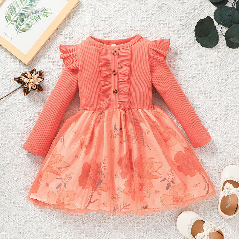 Adorable Spring and Autumn Baby Cute Mesh Skirt with Pit Strip Long Sl