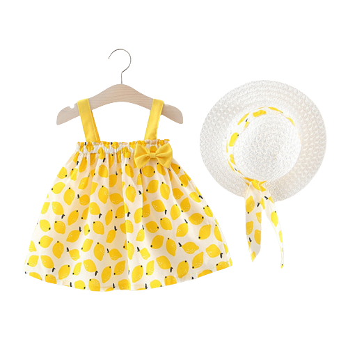 Stylish and Cute Girls' Summer Dress with Korean Print and Straw Hat - Perfect for Sunny Days