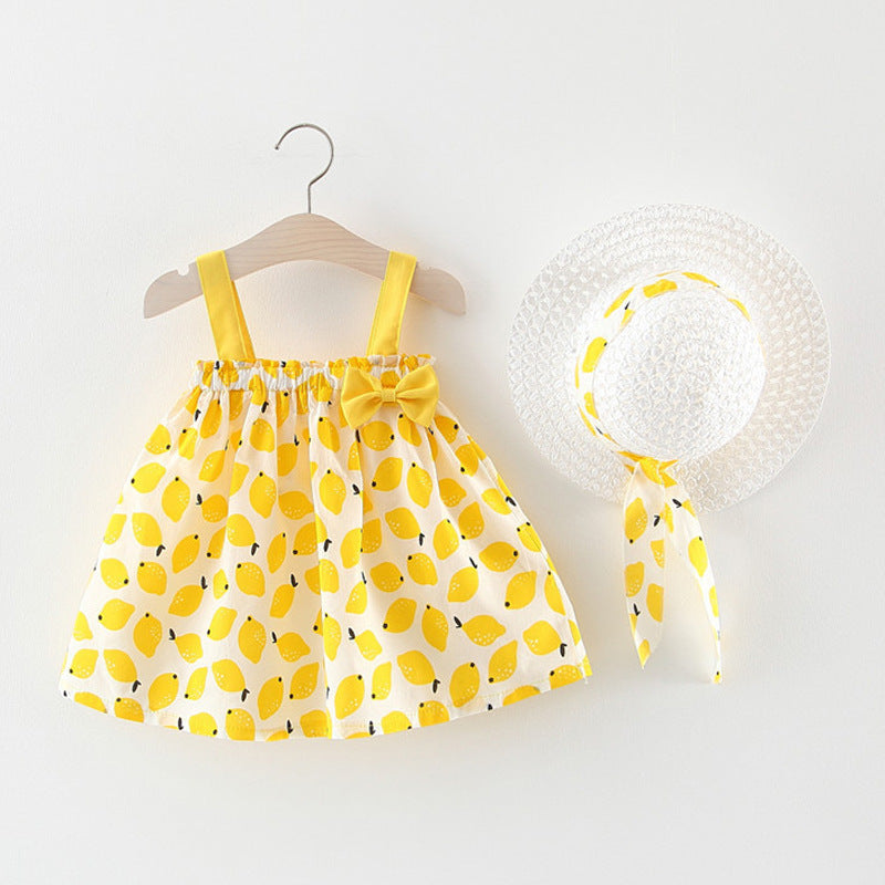 Stylish and Cute Girls' Summer Dress with Korean Print and Straw Hat - Perfect for Sunny Days