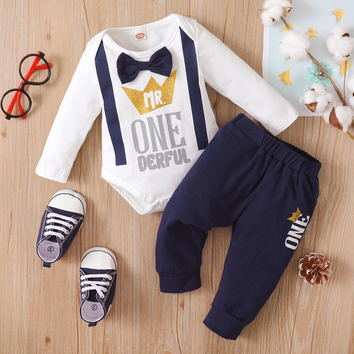 Crown Long-sleeved Romper Two-piece Set for Your Little One