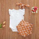 Infant And Toddler Suits Baby Girl Dark Button White Top Printed Shorts Suit Thre-piece Set - Babbez