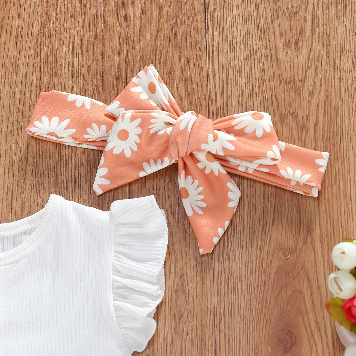 Infant And Toddler Suits Baby Girl Dark Button White Top Printed Shorts Suit Thre-piece Set - Babbez