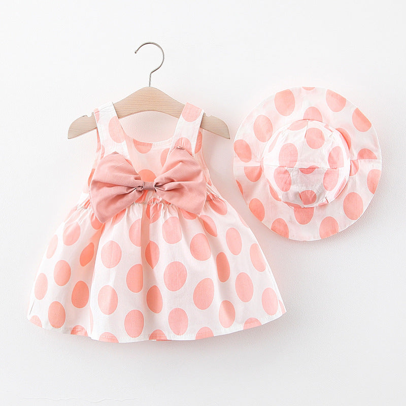 Charming Girls' Polka Dot Sleeveless Dress with Free Matching Hat - Pe
