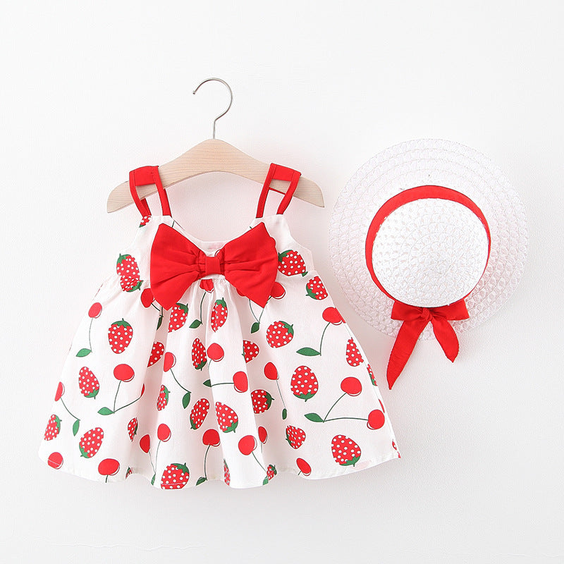 Adorable Baby Girl Big Strawberry Floral Print Dress with Matching Hat