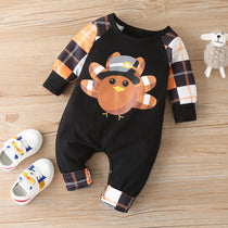 Baby Thanksgiving Turkey Long Sleeve Romper with Plaid Sleeves - Babbez