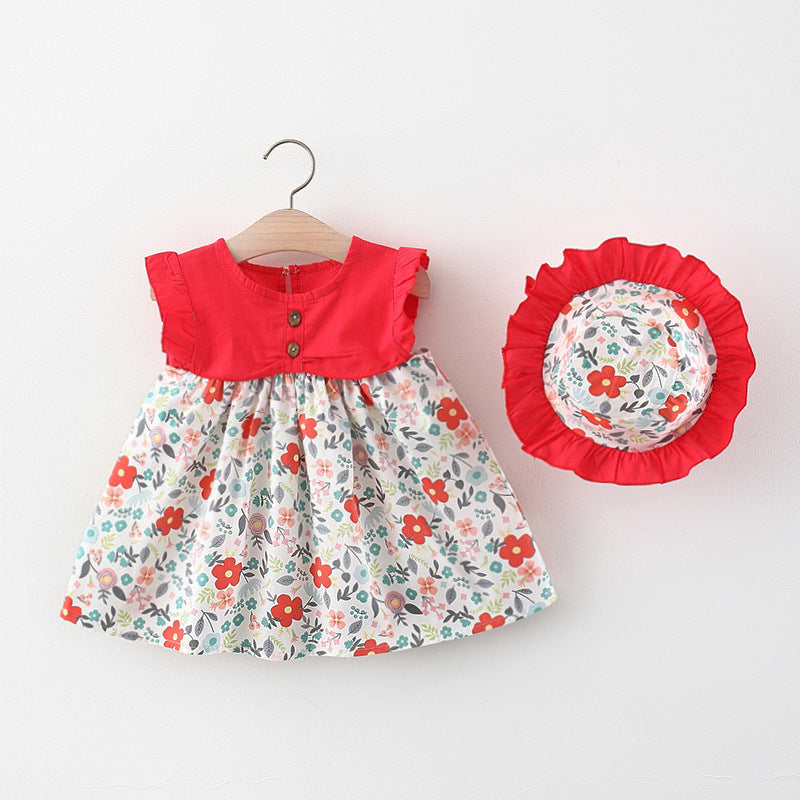 Adorable Girls' Summer Floral Dress with Flying Sleeves and Matching Hat