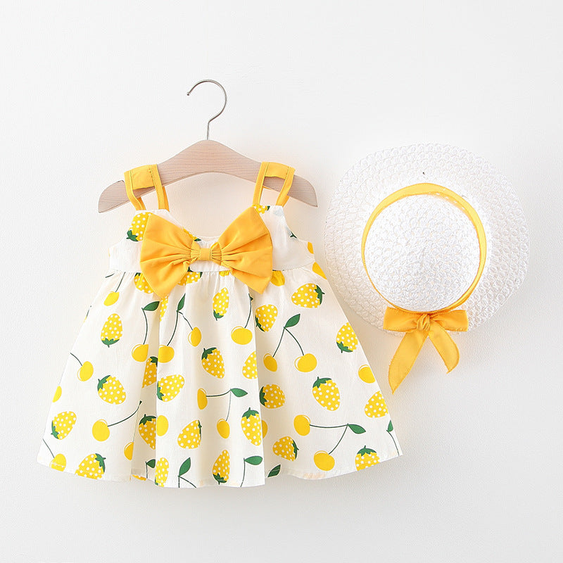 Adorable Baby Girl Big Strawberry Floral Print Dress with Matching Hat