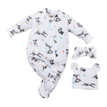 Baby Unisex Deer Print Long Sleeve Footed Pajamas Set with Hat and Headband - Babbez