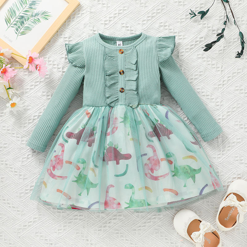 Adorable Spring and Autumn Baby Cute Mesh Skirt with Pit Strip Long Sl