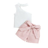 Sleeveless Slanted Shoulder Bow Shorts Girls Suit - Babbez