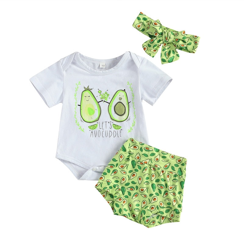 Summer Fun: Newborn Baby Girls Clothes Set with Short Sleeve Tops, Printed Shorts and Headband