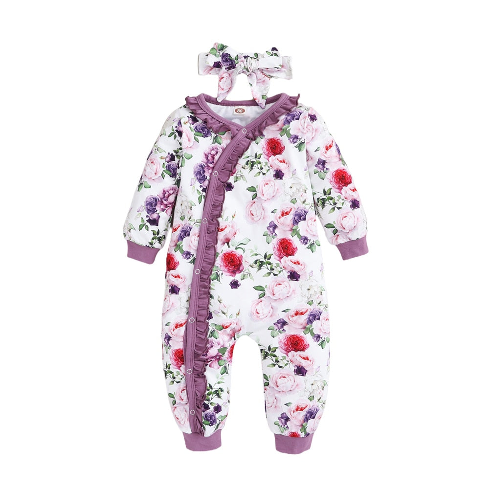 Floral Clothes for Newborn Girls: Long Sleeve Baby Romper with Ruffles and Headband