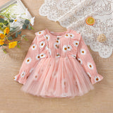 Baby Girl Long Sleeve Daisy Print Tulle Romper Dress with Ruffles - Babbez