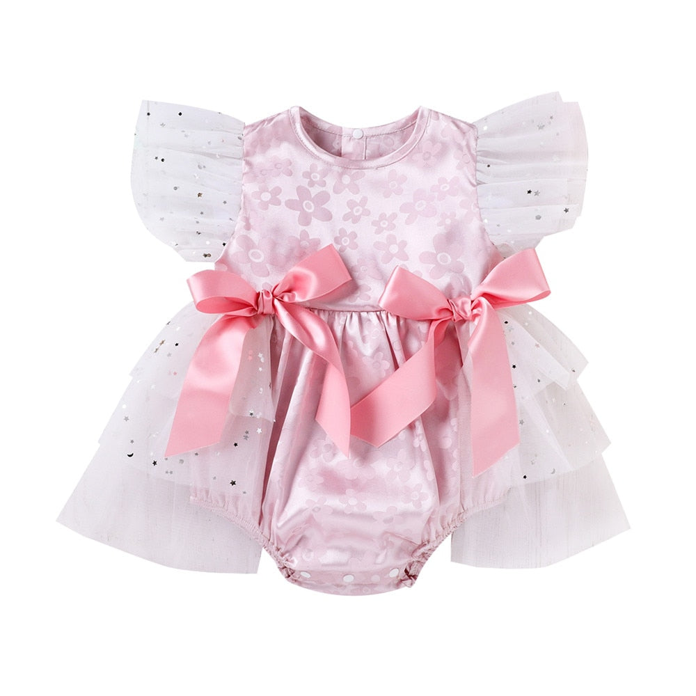 Adorable Toddler Baby Girls Romper with Mesh, Ribbed Texture, Bow and Lace Details