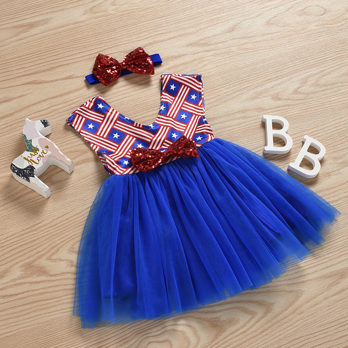 Independence Day Star Stripe Print Dress with Headband for Girls