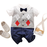 Gentleman Style Baby Boy Rompers with Plaid Necktie and Overalls