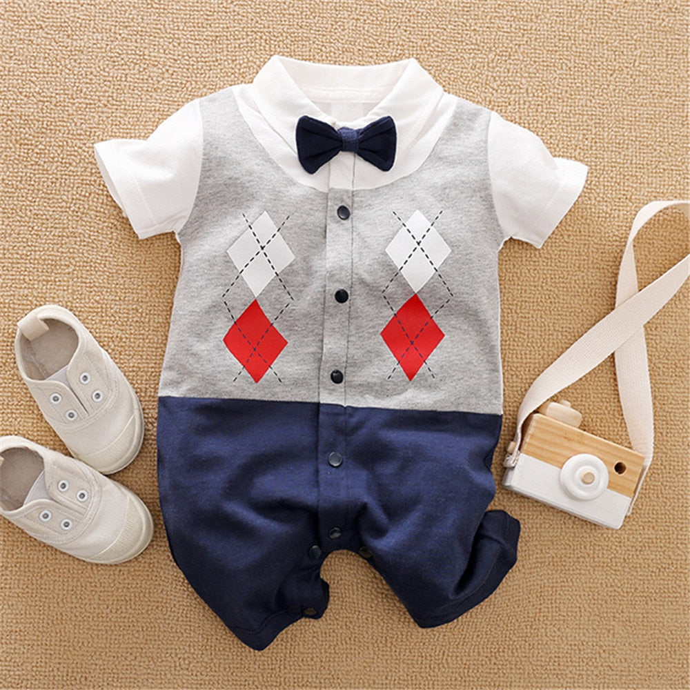 Gentleman Style Baby Boy Rompers with Plaid Necktie and Overalls