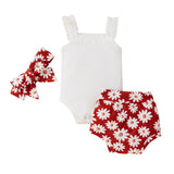 Solid Knitting Sleeveless Bodysuits Flower Shorts Headband 3Pcs Newborn Baby Girls Clothes Set
