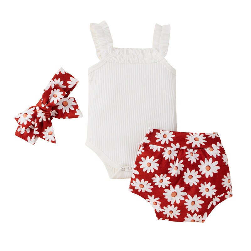 Solid Knitting Sleeveless Bodysuits Flower Shorts Headband 3Pcs Newborn Baby Girls Clothes Set