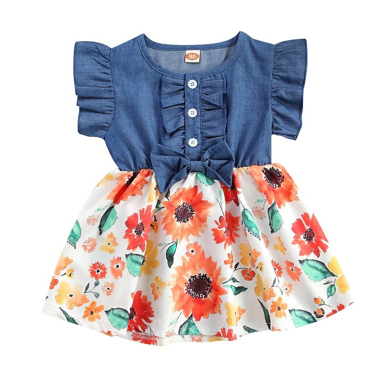 Adorable Denim and Floral Patchwork Baby Girl Summer Dress