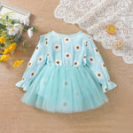 Baby Girl Long Sleeve Daisy Print Tulle Romper Dress with Ruffles - Babbez