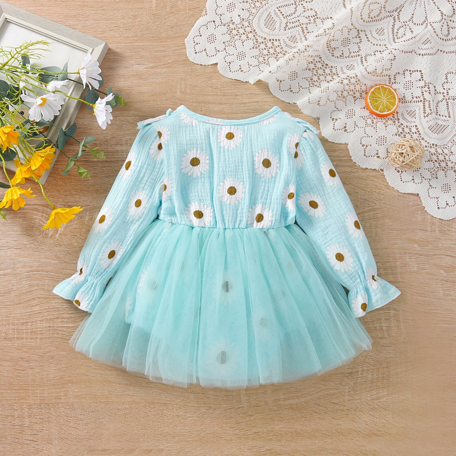 Baby Girl Long Sleeve Daisy Print Tulle Romper Dress with Ruffles - Babbez