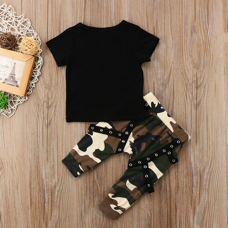 Trendy Summer Clothes for Newborn Toddler Baby Boys: Letter Print Top and Camo Long Pants Set