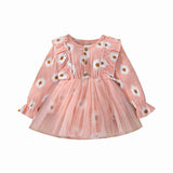 Baby Girl Long Sleeve Daisy Print Tulle Romper Dress with Ruffles - Babbez