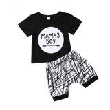Trendy Newborn Baby Boys Clothes Set with Black Letter Print T-shirt and White Striped Pants Leggings