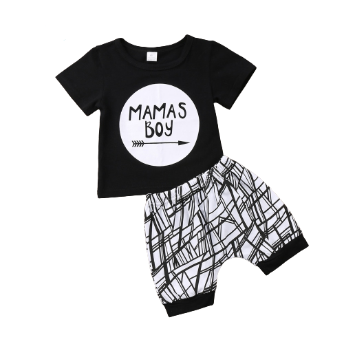 Trendy Newborn Baby Boys Clothes Set with Black Letter Print T-shirt and White Striped Pants Leggings