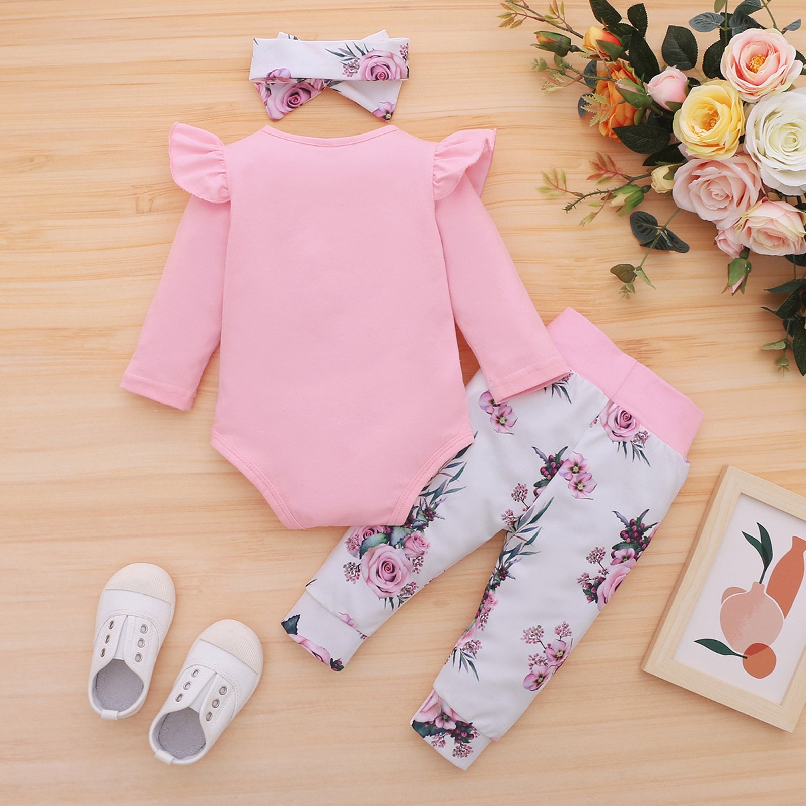 Cute and Cozy 3pcs Newborn Baby Girls Clothes Set - Cotton Floral Bow Tie Bodysuits + Pants + Hairband