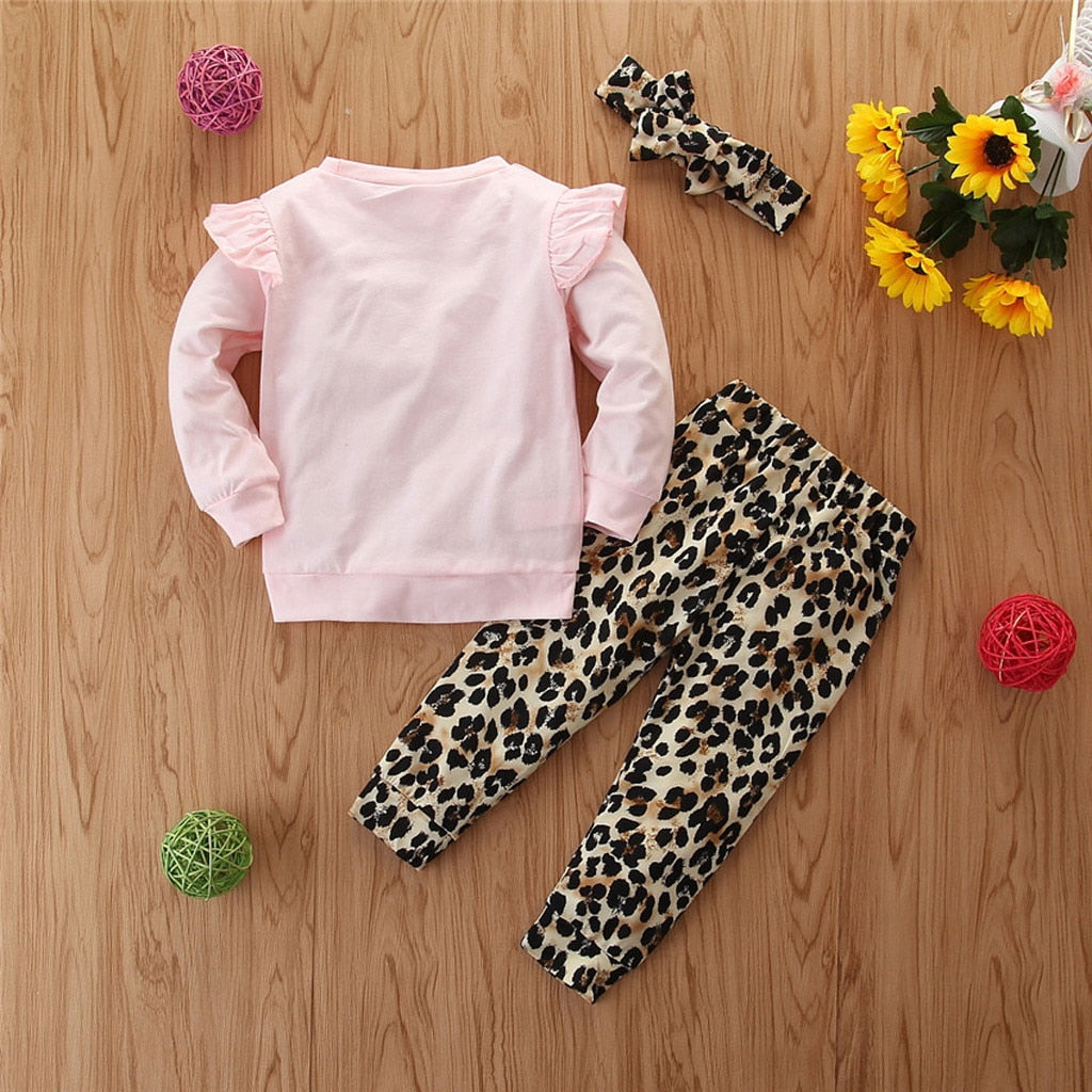 Toddler Baby Girls Clothing 3pcs Sets Heart Print Pullover + Leopard Pants + Headbands Sets Kids Outfits Autumn Clothes