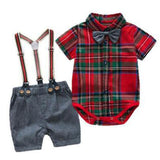 Baby Boy Summer Gentleman Birthday Suits - Newborn Party Dress in Soft Cotton Solid Romper + Belt Pants Toddler Set