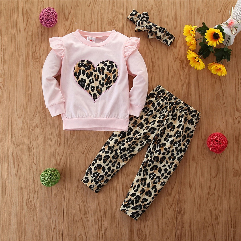 Toddler Baby Girls Clothing 3pcs Sets Heart Print Pullover + Leopard Pants + Headbands Sets Kids Outfits Autumn Clothes