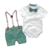 Stylish Baby Boy Summer Gentleman Birthday Suits - Soft Cotton Solid Romper and Belted Pants Set