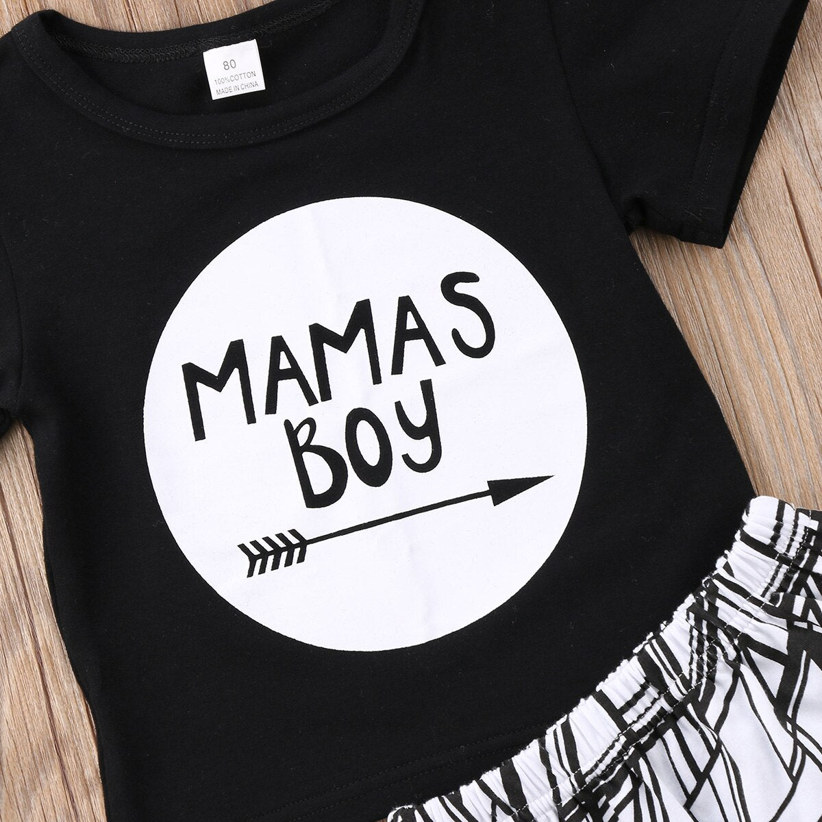 Trendy Newborn Baby Boys Clothes Set with Black Letter Print T-shirt and White Striped Pants Leggings