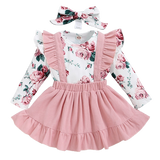 Adorable Winter Floral Baby Girl Clothes Set with Pink Rose Bodysuit Romper, Suspender Skirt, and Headband for Toddler Kids