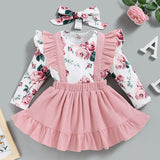 Adorable Winter Floral Baby Girl Clothes Set with Pink Rose Bodysuit Romper, Suspender Skirt, and Headband for Toddler Kids