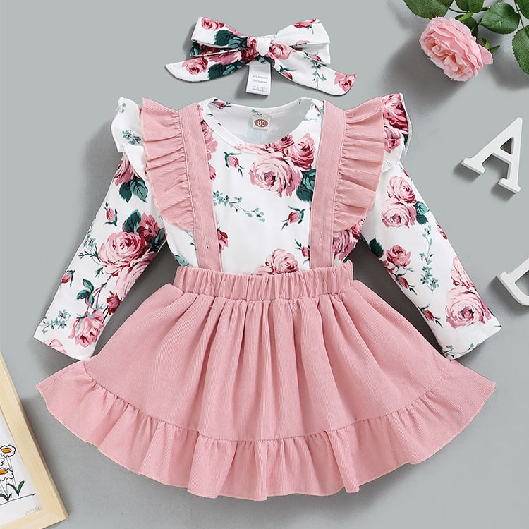 Adorable Winter Floral Baby Girl Clothes Set with Pink Rose Bodysuit Romper, Suspender Skirt, and Headband for Toddler Kids