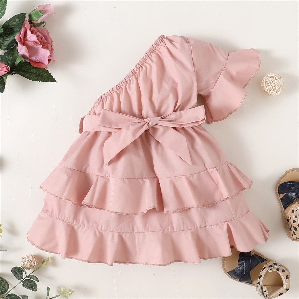 Charming One Shoulder Flare Sleeve Layers Dress for Your Little Princess - Perfect for Birthdays and Special Occasions