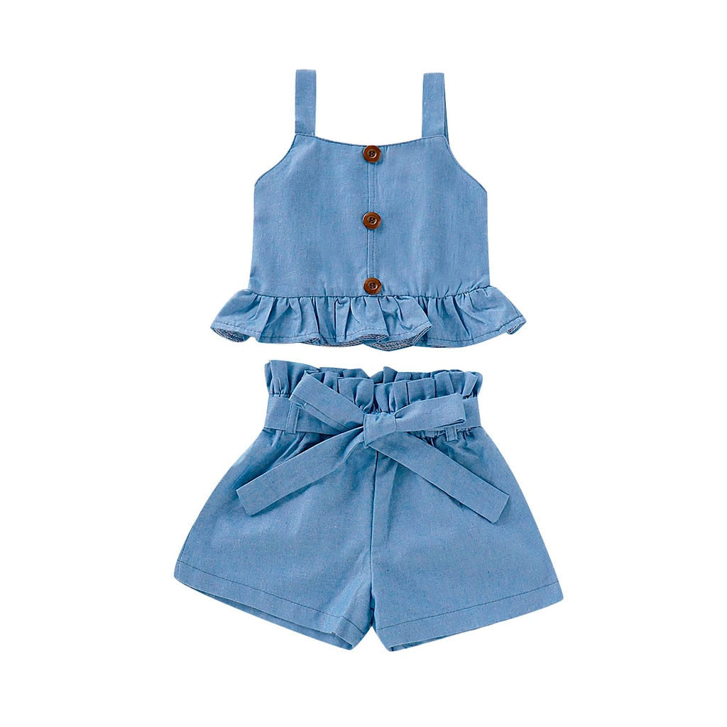 Toddler Baby Girls Clothing Sets - Cute Sleeveless Ruffle Vest and Bow Shorts Outfits for Summer